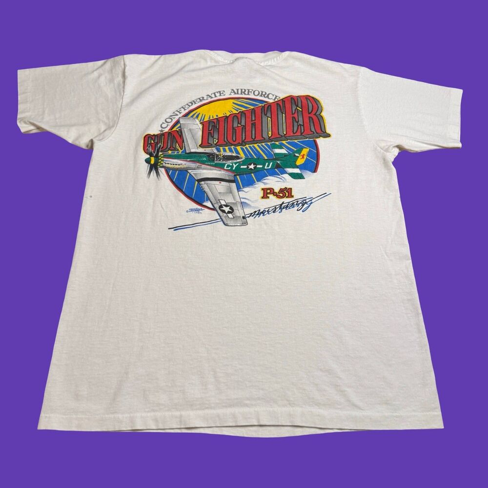 Vintage P-51 Mustang Mens L White T Shirt WWII Fighter Jet Military USA Distress